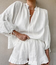 abordables -Femmes Actif Chemises en coton et lin Chemisier Ensembles de Shorts manche longue Col en V Couleur Unie Froncé Décontracté Quotidien Week-end Noir Blanche Rose Claire Été Coupe régulière