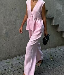 levne -Dámské Aktivní Módní Bavlněné lněné košile Halenka Sady kalhot Bez rukávů Do V Pevná barva Dubbele Rij Knopen Dovolená Běžné / Denní Černá Světlá růžová Světle modrá Léto Běžný