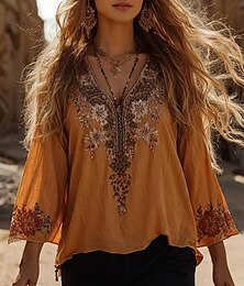 preiswerte -Damen Bluse Blumen Grafik Bohemien Vintage Täglich Dreiviertelarm Rundhalsausschnitt U-Boot-Ausschnitt Normale Oberteile Täglich Ferien Urlaubskleidung Druck Gelb Sommer Frühling