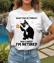 abordables -Mujer Camiseta Graphic Animal Gato Vintage Elegante Clásico Manga Corta Cuello Barco Escote Redondo Tops regulares Diario Fin de semana Estampado Negro Blanco Rosa Rojo Azul Piscina Verano Primavera