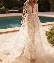 economico -Abiti da Matrimonio Casual con Crinolina Gonna A-Line Staccabile Matrimonio in Spiaggia Abito Sirena Collo Profondo Maniche Lunghe Treno Cappella Abiti da Sposa in Pizzo con Applicazioni Ricamate