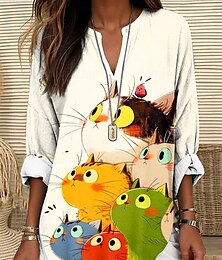 baratos -Mulheres Tops de verão Gráfico Animal Gato Vintage Tropical Havaiana Manga Longa Decote V Tops regulares Diário Feriado Roupa de Praia Imprimir Branco Amarelo Bege Verão Primavera