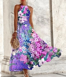 abordables -Femmes Robe Midi Robe Fleurie Robe à col licou Robe Imprimée Mode Moderne Extérieur Vacances Fête Coupe régulière Fleur Sans manches Col Halter Violet Été