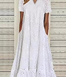 abordables -Mujer Vestido Midi Vestido de una línea Vestido de verano Casual Diario Ajuste regular Plano Manga Corta Escote en Pico Negro Blanco Fucsia Verano