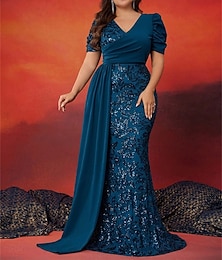 abordables -Robes sirène  trompette grande taille Élégante Robe courbe de mariage formelle longueur totale à manches courtes à encolure en V sequins avec paillettes