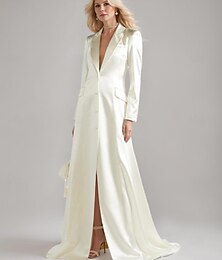 abordables -Robe blazer A-Line robe de la mère de la mariée robe tuxedo élégante simple luxueuse décolletée en V col cranté longueur de sol en satin à manches longues avec plis