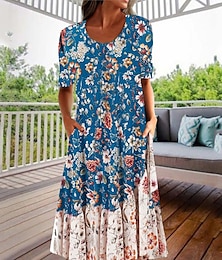 ieftine -Pentru femei Rochii Midi Rochie casual Rochie florala Clasic Modern În aer liber Vacanță Concediu Fit regulat Floare Manșon scurt Stil Nautic Negru Albastru piscină Vară