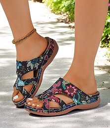 preiswerte -Damen-Sandalen mit buntem Aufdruck und gekreuzten Riemen – bequeme Ballerinas mit weicher Sohle für Urlaub, Garten oder den entspannten Alltag
