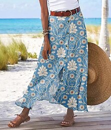 abordables -Femmes Jupe Occasionnel Boho Maxi Taille Basse Jupes Fleuri Imprimé Fendu Micro-Élastique Vacances Rue Bleu Été Polyester