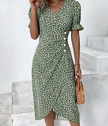 ieftine -Pentru femei Rochii Midi Rochie împachetată Rochie de vară Vacanță Casual Stiluri de Plajă Zilnic Concediu Ieșire Fit regulat Floral Manșon scurt În V Negru Roz Îmbujorat Albastru piscină Trifoi Var