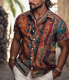 olcso -Férfi Retro Indián Boho Ing Hawaii ing Gombos póló Rövid ujjú Hawaii Vakáció Szabadság Strandruházat Nyár Tavasz Térfogatcsökkenés 3D nyomtatás galléros ingek Barna