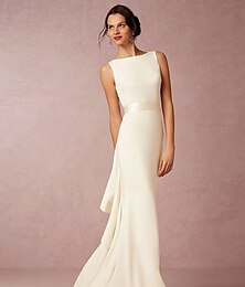 economico -Matrimonio in Spiaggia Hall Abiti da Matrimonio Casual con Scollo Profondo Senza Maniche Strascico/Brosse in Tessuto Elasticizzato Abiti da Sposa con Drappeggio