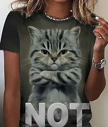 abordables -Mujer Camiseta Tops de verano Graphic Gato Clásico Casual Manga Corta Cuello Barco Tops cortos Diario Fin de semana Estampado Negro y gris Gris Claro Verano Primavera Otoño