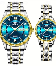 abordables -Reloj de pareja con dos esferas romanas redondas engastadas con diamantes de agua y pantalla luminosa, resistente al agua ipx7, reloj de cuarzo, calendario, fecha, correa de acero inoxidable de moda,