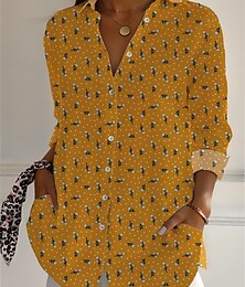 abordables -Femmes Chemises en coton et lin Fleuri Quotidien Occasionnel manche longue Col de chemise Hauts Réguliers Quotidien Fête Boutons Imprimé Jaune Rouge bleu marine Été