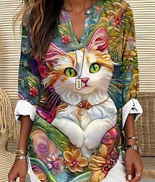 abordables -Mujer Tops de verano Graphic Gato Vintage Tropical Hawaiano Manga Larga Escote en Pico Tops regulares Diario Festivos Ropa de playa Estampado Azul Piscina Verde Trébol Beige Verano Primavera