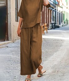 economico -Set da donna in cotone e lino, due pezzi, colore puro, caldo, casual, comodo, per la casa, quotidiano, primavera, autunno
