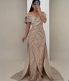 abordables -Ligne A Robe de Soirée Élégant Robe Formel Mariage Longueur au sol Manche Courte Épaules Dénudées Satin avec Paillettes Froncé Cristaux 2025