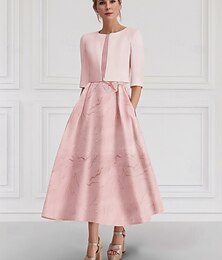 halpa -Vaaleanpunainen Jacquard Mekko 2 Osaa A-linjaiset Cocktail Mekot Elegantti Mekko Virallinen Puolivirallinen Mekko Häät Tee Pituus Ilman Hihoja Neliskulmainen Kaula Venykangas Takilla