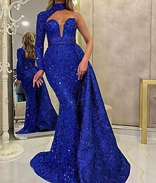 abordables -Robe de quinceanera A-Line élégante robe de mariage invitée de mariage longueur de sol manches longues épaule unique dos nu avec sequins