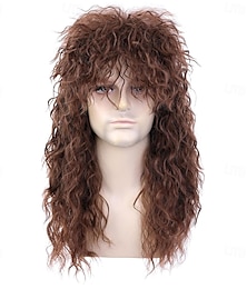 billiga -Herr/dam 80-tals rockstjärnestil lång brun lockig punkrockperuk glam rock-rockperuk perfekt för halloween cosplay gör-det-själv-tema kostymfest
