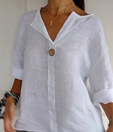 economico -Per donna Camicie di cotone e lino Tinta unica Quotidiano Moderno Manica Lunga Scollo a V Top Regolari Quotidiano Ferie Bottoni Nero Bianco Rosso Blu marino Verde Estate