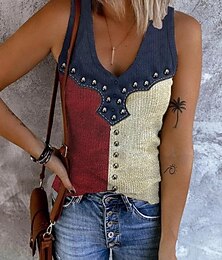preiswerte -Damen Patriotic Tanktop Flagge Rock Strand Ärmellos V-Ausschnitt Reguläre Tops Tages Clubuniformen Ausgehen Wein Blau Staubblau Sommer Frühling