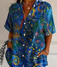 abordables -Mujer Camisa Floral Graphic Diario Casual Manga Corta Cuello Camisero Tops regulares Diario Azul Piscina Verano Primavera