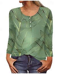 abordables -Femmes Chemise Graphique Quotidien Élégant Basique manche longue Col ras du cou Hauts Réguliers Quotidien Fête Boutons Imprimé Bleu Vert Gris foncé Bleu clair Printemps Automne