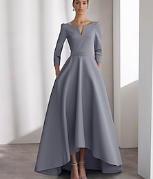 billige -Blå A-Linje Cocktailkjoler Elegant Kjole Formell Bryllup Asymmetrisk Langermet V Hals Satin med Lomme