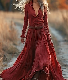 ieftine -Pentru femei Rochie Lunga Rochie Maxi Rochie casual Rochie leagăn Rochie de vară Rochie Boho Epocă Vacanță Zilnic Concediu Fit regulat Culoare pură Manșon Lung În V Roșu-aprins Vară