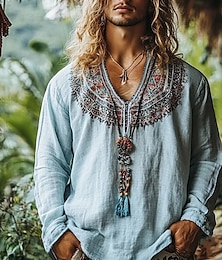 economico -Per uomo Camicia di lino Camicia popover Camicia Estiva Abbigliamento da spiaggia Camicie retrò Camicia etnica All'aperto Vacanza Blu Verde Manica Lunga Scollo a V Estate Primavera Abbigliamento