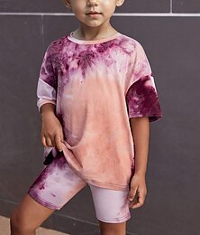 voordelige -2-delig Kinderen Voor meisjes Tie Dye Ronde hals T-shirt & shorts reeks Korte mouw Modieus Buiten 4 jaar + Zomer Paars