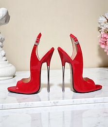 abordables -Escarpins à bride arrière en cuir verni rouge pour femmes avec talon aiguille et bout ouvert - talons hauts sexy pour les soirées