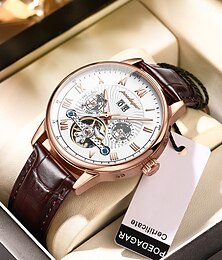 preiswerte -Automatische mechanische Hohluhr Luxus wasserdicht Datum &Woche Leder Mode Herrenuhr Geschäft männlich Uhr Freizeit