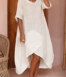 levne -Dámské Midi šaty Áčkové šaty Letní šaty Na běžné nošení Denní Volný Bez vzoru 3/4 délka rukávu Vroubkovaný krk Bílá Fialová Trávová zelená Armádní zelená Léto