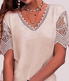 abordables -Mujer Camiseta Plano Moda Moderno Casual Manga Corta Escote en Pico Tops regulares Diario Noche Fin de semana Encaje Retazos Ojal Blanco Rosa Morado Azul claro Verano Primavera