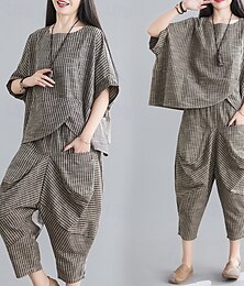 abordables -Femmes Actif Mode Chemisier Ensembles de Pantalons Manche Courte Col ras du cou Rayé Sortir Décontracté Quotidien Noir Été Coupe régulière