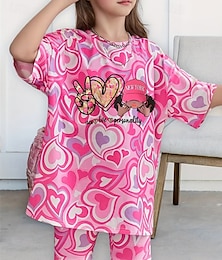 billiga -2 delar Barn Flickor Hjärta Crewneck T-shirt och shorts Uppsättning Kortärmad Mode Utomhus 4 år + Sommar Rodnande Rosa
