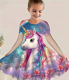 voordelige -Meisjes 3D Eenhoorn Jurk Korte mouw Zomer Lente Vakantie Dagelijks Feestdagen Prinses Mooi Zoet Kinderen 4-12 jaar Casual jurk Tot de knie Normale pasvorm