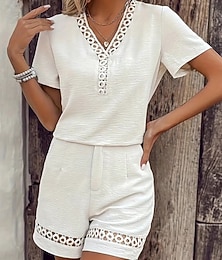 abordables -Femmes Actif Ensembles en coton et lin Chemisier Ensembles de Shorts Manche Courte Col en V Couleur Unie Trou Quotidien Fête Noir Jaune Rose Claire Été Coupe régulière