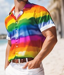 economico -Per uomo Arcobaleno A righe Orgoglio Camicia Camicia Estiva Camicia con Bottoni Manica Corta Moda Casual Ferie Estate Primavera Collo ripiegato Stampa 3D camicie con colletto Arcobaleno