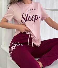 billiga -Dam Pyjamas Vardagsklädsel Pyjamas set Enkel Ledigt Komfort Mönster Bokstav Knyta knut Pullover Byxa Hem Dagligen Kortärmad Rund hals Svart Rodnande Rosa Blå Rosenröd Sommar Vår Höst Lös passning
