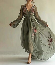 economico -Per donna Abito Lungo Maxi Abito Vestito Casual Abito Estivo Abito Sottoveste Moda Moderno Quotidiano Spiaggia Weekend Vestibilità regolare Fiore Manica Lunga Scollo a V Verde Estate Primavera