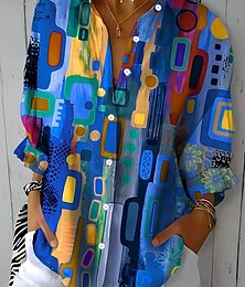 baratos -Camisa Feminina Blusa Botão Manga Longa Gráfica Geométrica Diário Estilosa Casual Gola Tops Regulares Trabalho Diários Estampa Botões Azul Verde Verão Primavera