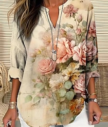 abordables -Mujer Camisa Flor Diario Elegante Básico Manga Larga Escote en Pico Tops regulares Diario Festivos Estampado Amarillo Azul Real Morado Primavera Otoño