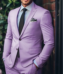 abordables -Trajes de fiesta de boda para hombre, color lila y morado, moda de verano, formales, de color liso, corte estándar, 2 piezas, botonadura sencilla, dos botones