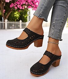 preiswerte -Damen-Pantoletten zum Hineinschlüpfen mit ausgehöhltem Blockabsatz – Vintage-Sandalen aus Kunstleder, perfekt für gemütliche Spaziergänge, Brunch im Garten, Kunstmessen im Freien und Reisen im Frühling