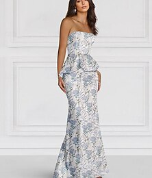 preiswerte -geblümtes Jacquardkleid Schößchenkleid Meerjungfrau/Trompete Abendkleid elegantes Kleid formelle Hochzeit bodenlang trägerlos mit Rüschen 2025