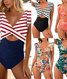 abordables -Femmes Maillot de bain 1 pièce Dos Nu Découpé Maillot de Bain Fleuri Maillots de Bain Noir Rouge Respirant Séchage Rapide Sans manches - Natation Surf Plongée en apnée Été